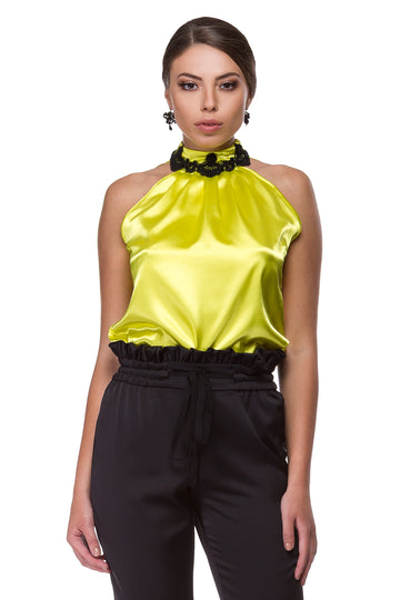 Sleeveless yellow satin top WTP-0001